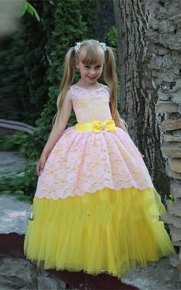 Lovely Lace Ball Gown Tulle Flower Girl Dress Bowknot Sleeveless