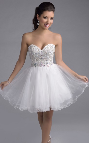 Mini Sweetheart A-Line Tulle Prom Dress With Rhinestone Embellishment