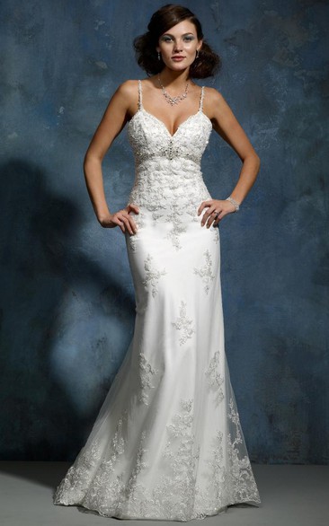 Sheath Sleeveless Spaghetti Appliqued Floor-Length Lace Wedding Dress With Waist Jewellery