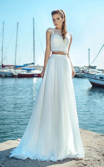 Ethereal Two-piece Jewel Neck Cap-sleeve Wedding Dress with Applique