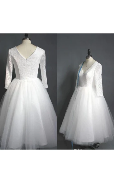 Tea Length High Quality A-line V Neck Lace Top Puffy Tulle Short Wedding Dress with Sleeves