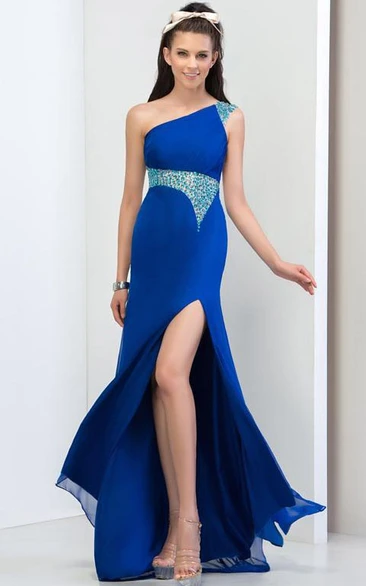 One Shouder Pleats Beaded Side Split Prom Dress