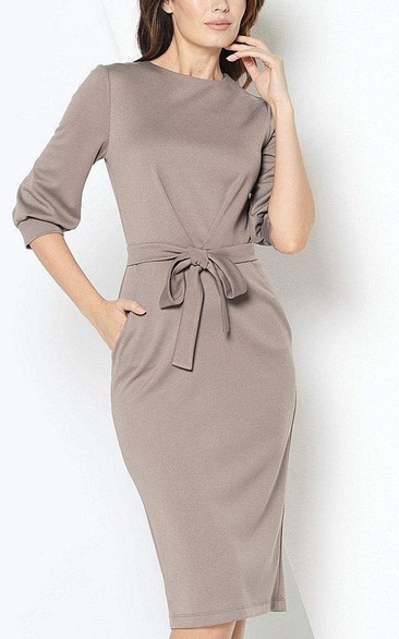 Bateau Neck 3-4 Puff Sleeve Sheath Jersey Short Dress With Sash