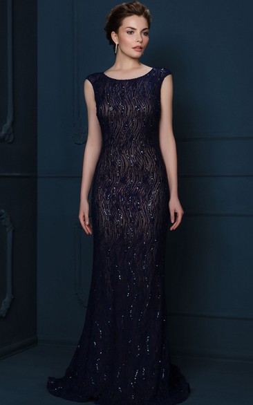 Sheath Sequined Cap-Sleeve Scoop-Neck Long Evening Dress