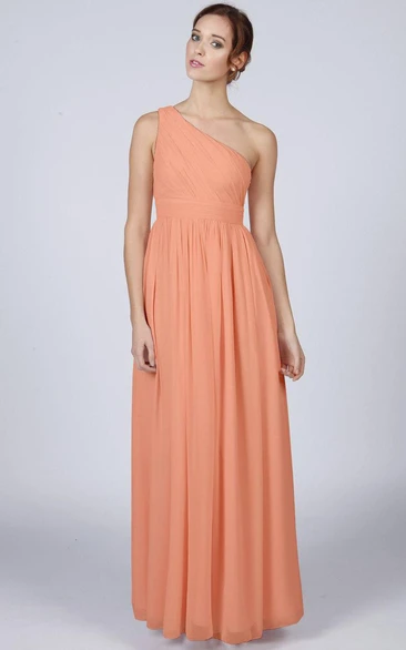 One Shoulder A-line Pleated Chiffon Floor Length Dress Orange