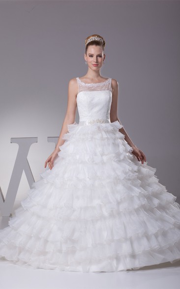 Tiered Ruffled A-Line Ball-Gown With Illusion Neckline