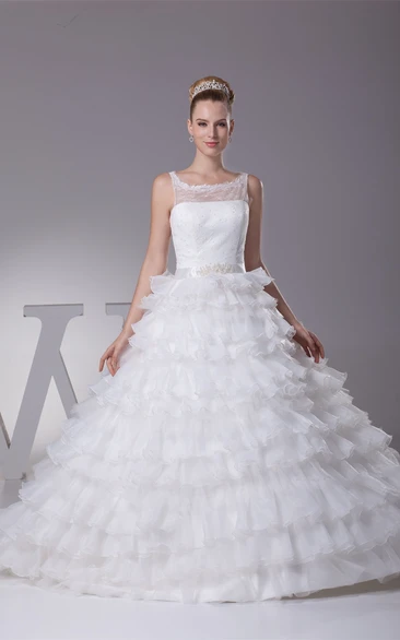 Tiered Ruffled A-Line Ball-Gown With Illusion Neckline