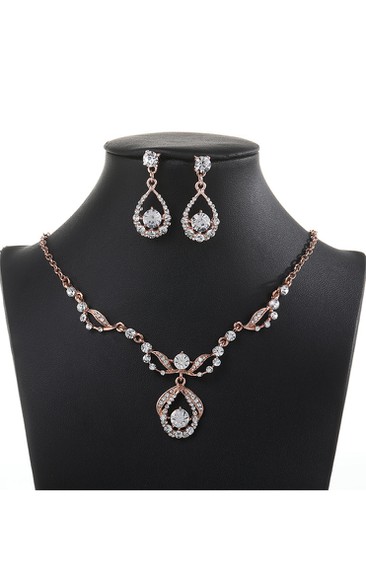 Rose Gold Rhinestone Design Necklace and Earrings Jewelry Set