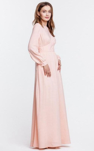 High Neck Long Puff Sleeve Pleated A-line Chiffon Floor Length Dress