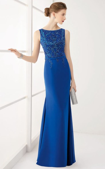 Bateau Neck Sleeveless Sheath Long Prom Dress With Crystal Top And Belt