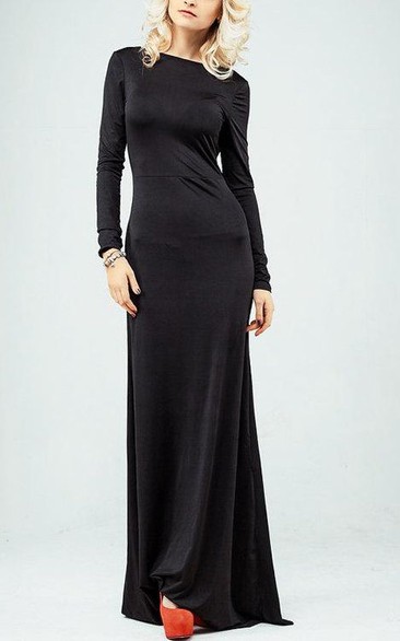 Bateau Long Sleeve Sheath Jersey Long Dress With Dropped Open Back