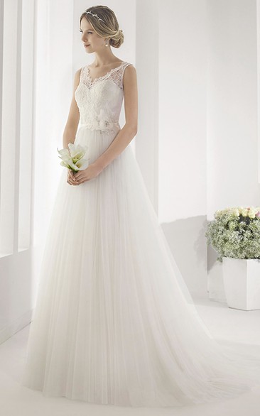 V Neck Embroidered Top Gown With Tulle Skirt And Waist Flower