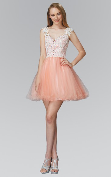 A-Line Short V-Neck Cap-Sleeve Tulle Lace Dress With Appliques