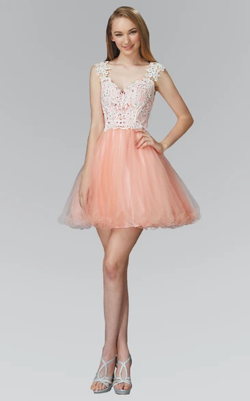 A-Line Short V-Neck Cap-Sleeve Tulle Lace Dress With Appliques