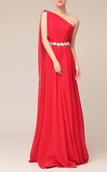 Floor-length One-shoulder Beaded Sheath Chiffon Bridesmaid Dress With Watteau Train