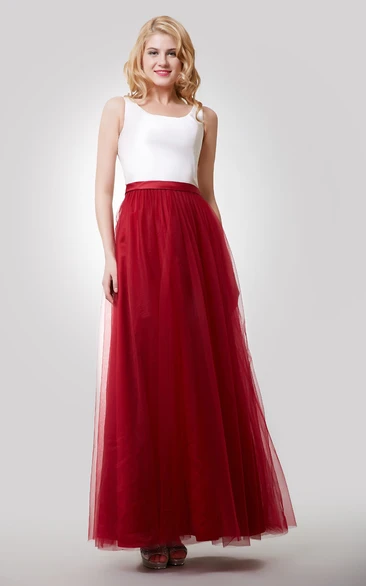 A-Line Sleeveless Color Blocking Dress With Tulle Skirt and Bateau Neck