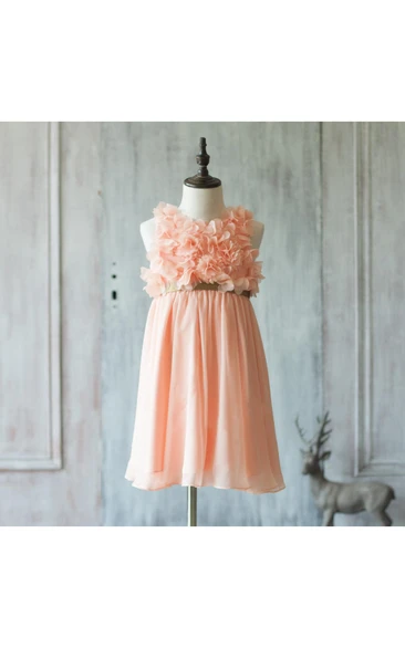 High Neck Flower Bodice A-line Chiffon Long Dress Pleated Skirt