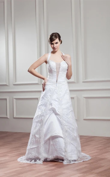 Sleeveless A-Line Appliqued Halter and Dress With Illusion