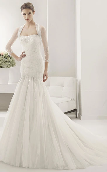 Strapless Criss Cross Top Tulle Mermaid Gown With Removable Tulle Jacket