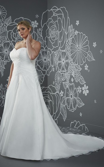 A-Line Floor-Length Sweetheart Sleeveless Satin Criss Cross Beading Court Train Lace-Up Back Criss cross Dress