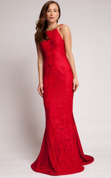 Sheath Floor-Length Beaded Sleeveless Scoop Lace Prom Dress With Backless Style And Appliques