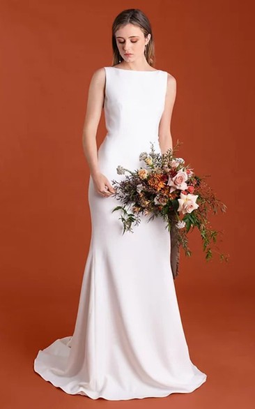 Modern Bateau Sheath Sleeveless Satin Wedding Dress with Train