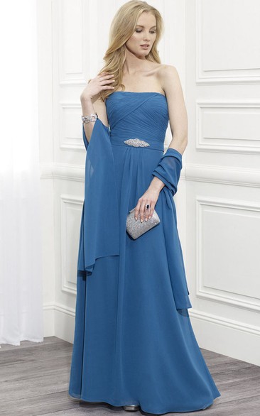 Strapless Ruched Chiffon Mother Of The Bride Dress With Waist Jewellery And Cape