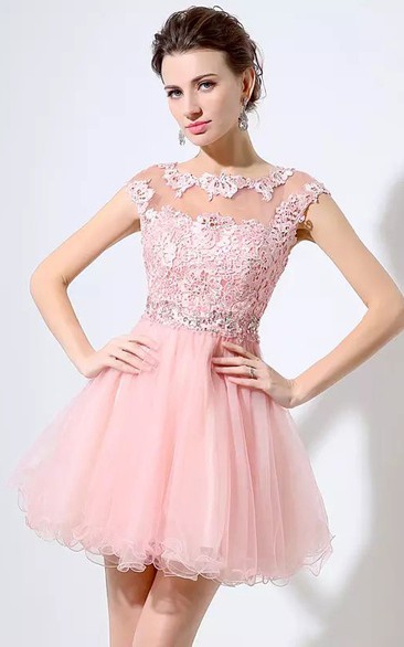 A-line Short Sleeve Lace Tulle Bateau Illusion Short Mini Homecoming Dress