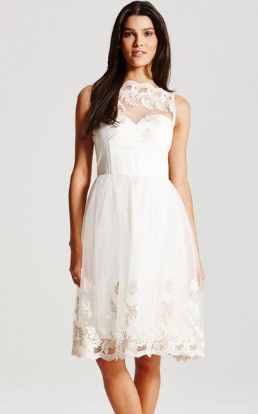 High-Neck Knee-Length Dress With Lace And Illusion Straps