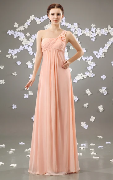 Chiffon Floor-Length One-Shoulder Dress With Flower