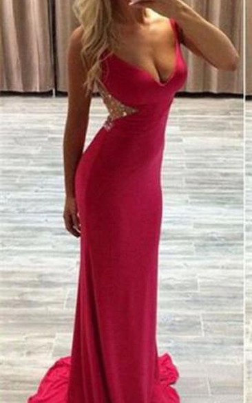 Modern Red Crystals Mermaid Prom Dress Sweep Train Zipper