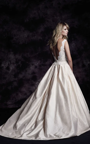 Modern V-Neck Taffeta Ball Gown With Deep-V Back