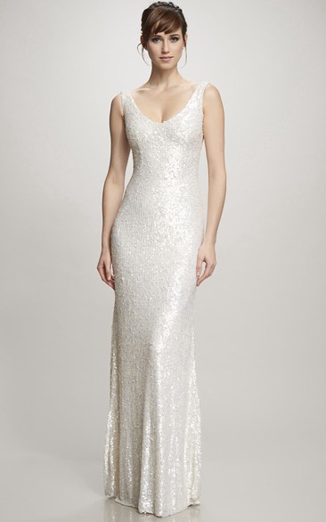 Floor-Length V-Neck Sequins Wedding Dress With Brush Train And V Back