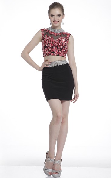 Two-Piece Pencil Short Jewel-Neck Sleeveless Jersey Keyhole Dress With Beading