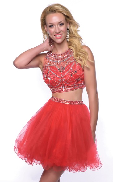 Two Piece Sleeveless Jewel Neck Tulle Short Homecoming Dress With Glimmering Bodice