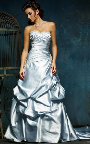 A-Line Pick-Up Sweetheart Maxi Sleeveless Satin Wedding Dress With Appliques And Cascading Ruffles