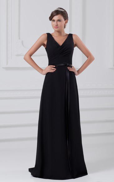 V-Neck Sleeveless Chiffon Dress With Belted Waist