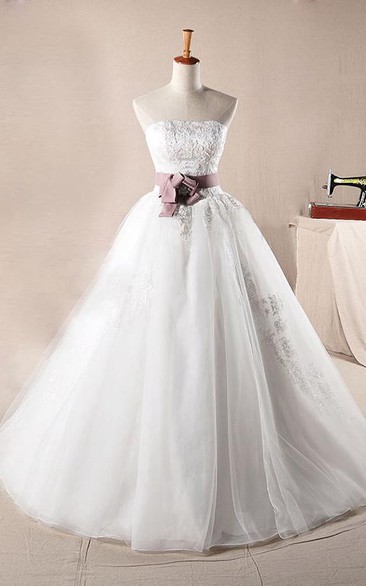 A-Line Ball Gown Long Off-The-Shoulder One-Shoulder Straps Sleeveless Bell Bow Appliques Lace-Up Back Straps Lace Organza Dress