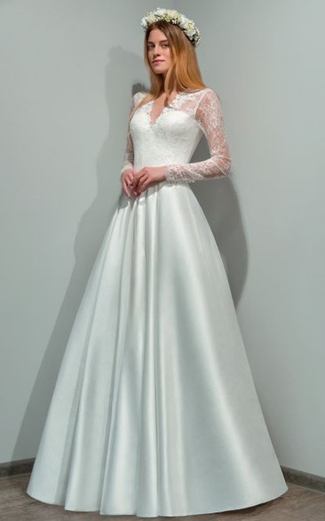 Modern A Line V-neck Floor-length Long Sleeve Satin Wedding Dress with Appliques