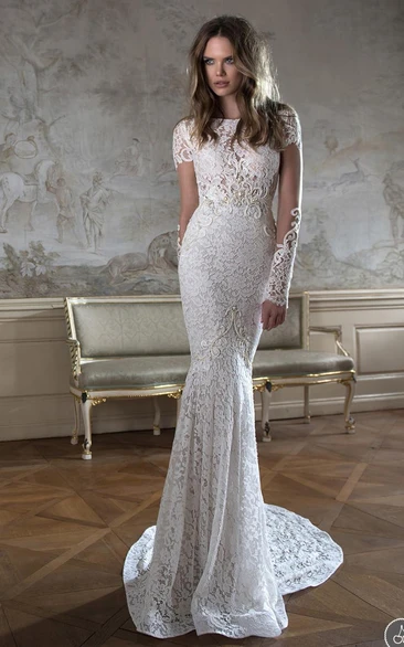 Modern Bateau Cap Sleeve Mermaid Wedding Dress Open Back With Lace Beadings