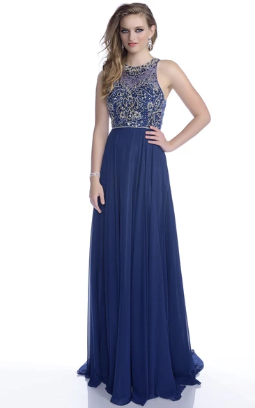 Chiffon Sleeveless A-Line Prom Dress Featuring Rhinestone Bodice And Illusion Back