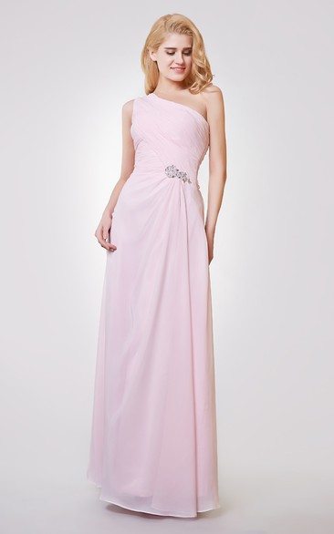 One Shoulder A-line Long Ruched Chiffon Dress