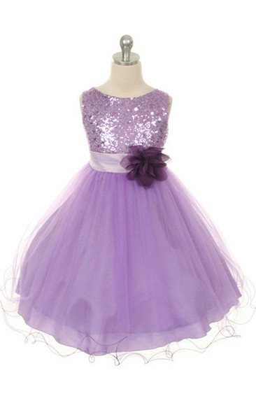Sleeveless A-line Dress With Sequined Bodice and Flower