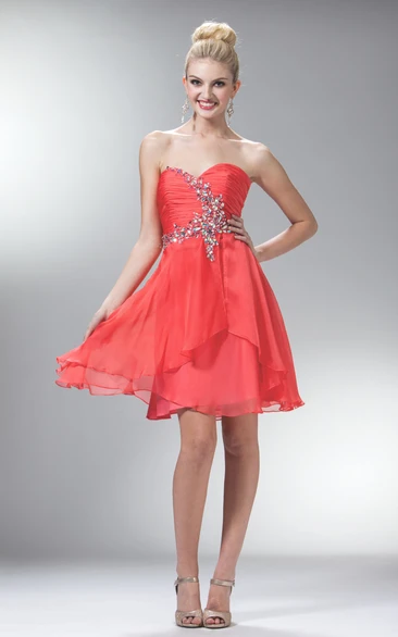 A-Line Mini Sweetheart Sleeveless Chiffon Dress With Ruching And Beading