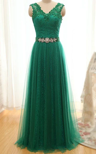 A-line Floor-length Straps V-neck Sleeveless Tulle Dress