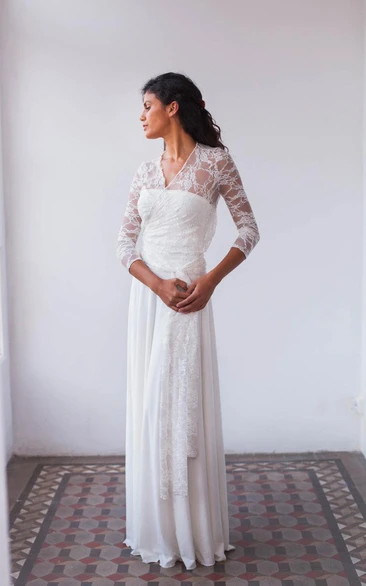 Bohemian Long Sleeve Lace Floor-Length Sleeve With Draping