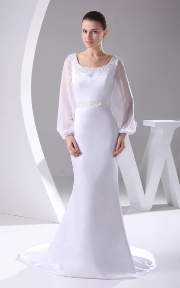 Square-Neck Beaded Mermaid Satin Dress With Long-Sleeve Design and Court Train