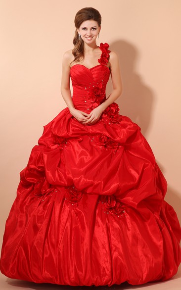 Flamboyant Sweetheart A-Line Ball Gown With Flower and Pick-Up Ruffles