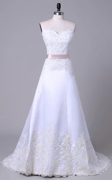 A-Line Tea-Length Off-The-Shoulder One-Shoulder Sweetheart Beading Appliques Sash Chapel Train Lace Sequins Satin Dress