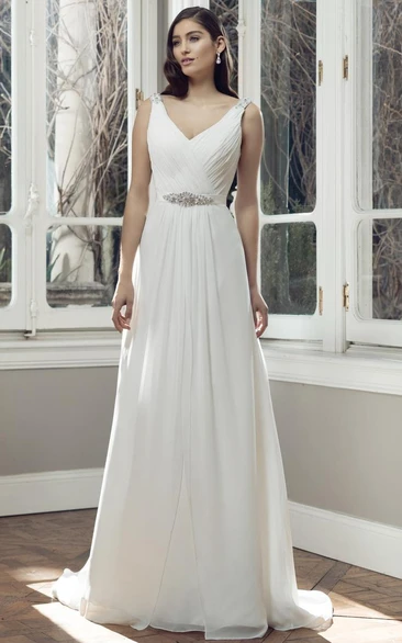 Floor-Length V-Neck Criss-Cross Pleated Chiffon Wedding Dress